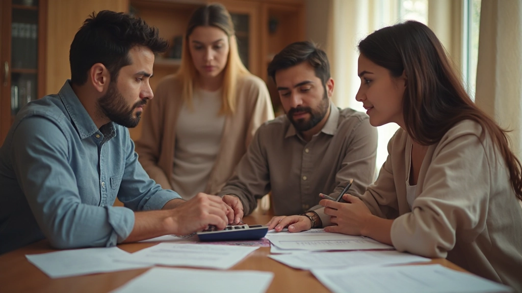 Семья обсуждает финансовый план за столом, документы и расчеты