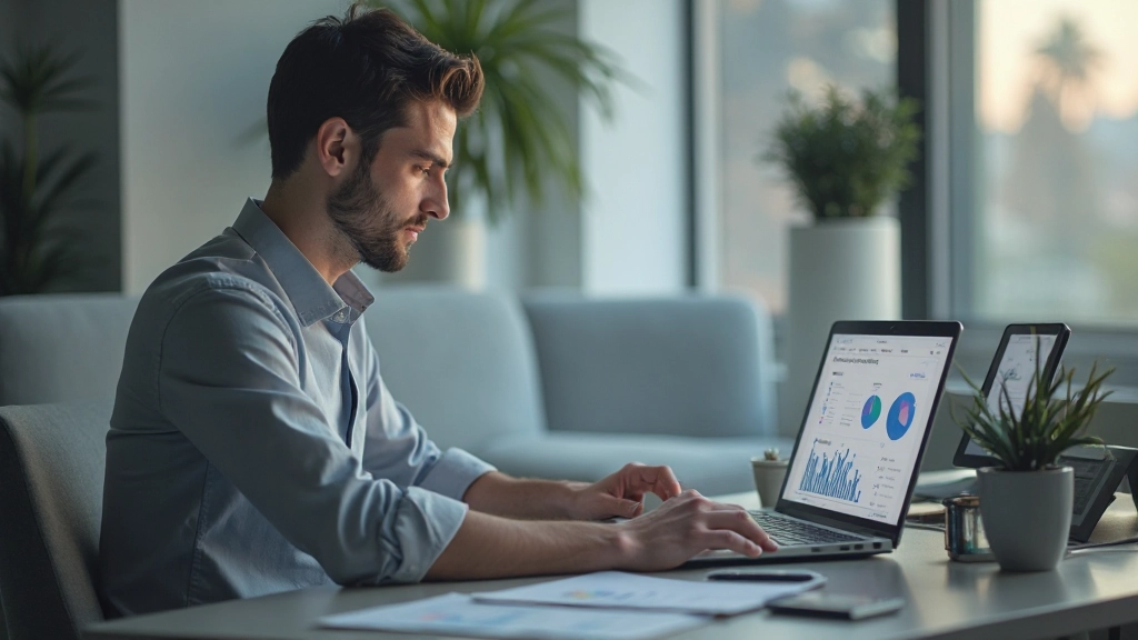 Молодой мужчина анализирует финансовые диаграммы и графики на экране компьютера в офисе