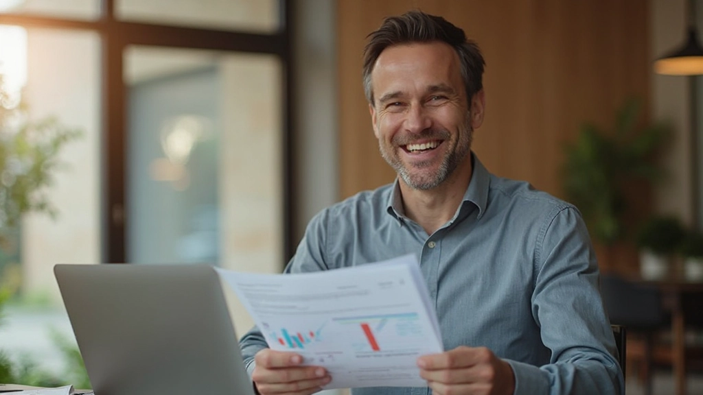 Человек улыбается, держа в руках финансовый отчет с позитивными результатами