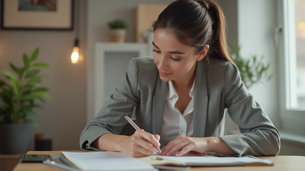 Женщина записывает финансовые цели в блокнот, планируя накопления